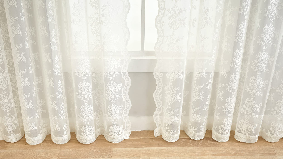 YJ YANJUN cream lace curtains with rod-pocket top for easy hanging.