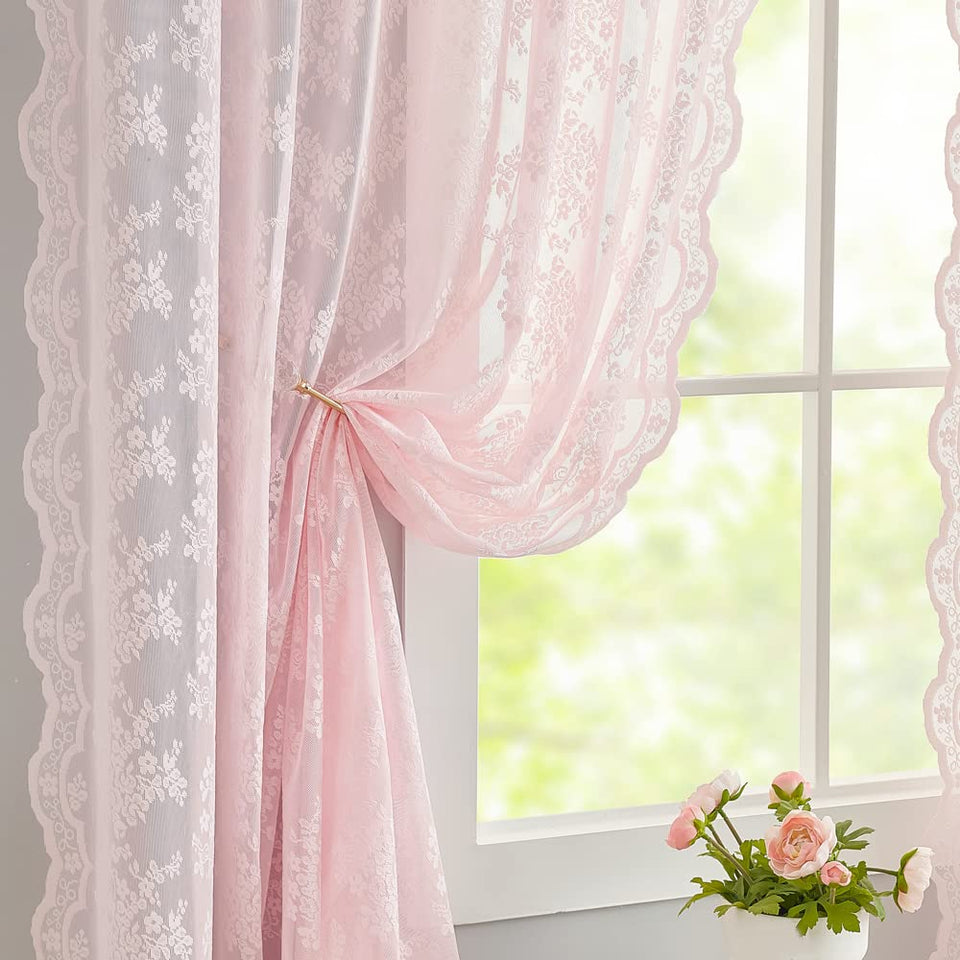 YJ YANJUN vintage lace curtains pink 63in length with soft light filtration