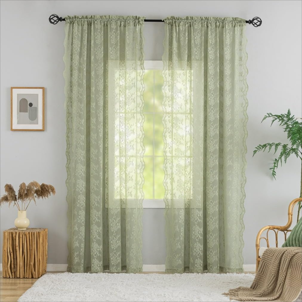 YJ YANJUN vintage lace curtains pair in sage green for airy living spaces.