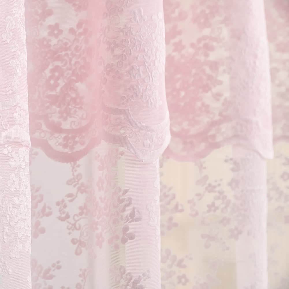 Knitted floral lace pattern close-up on vintage pink curtain