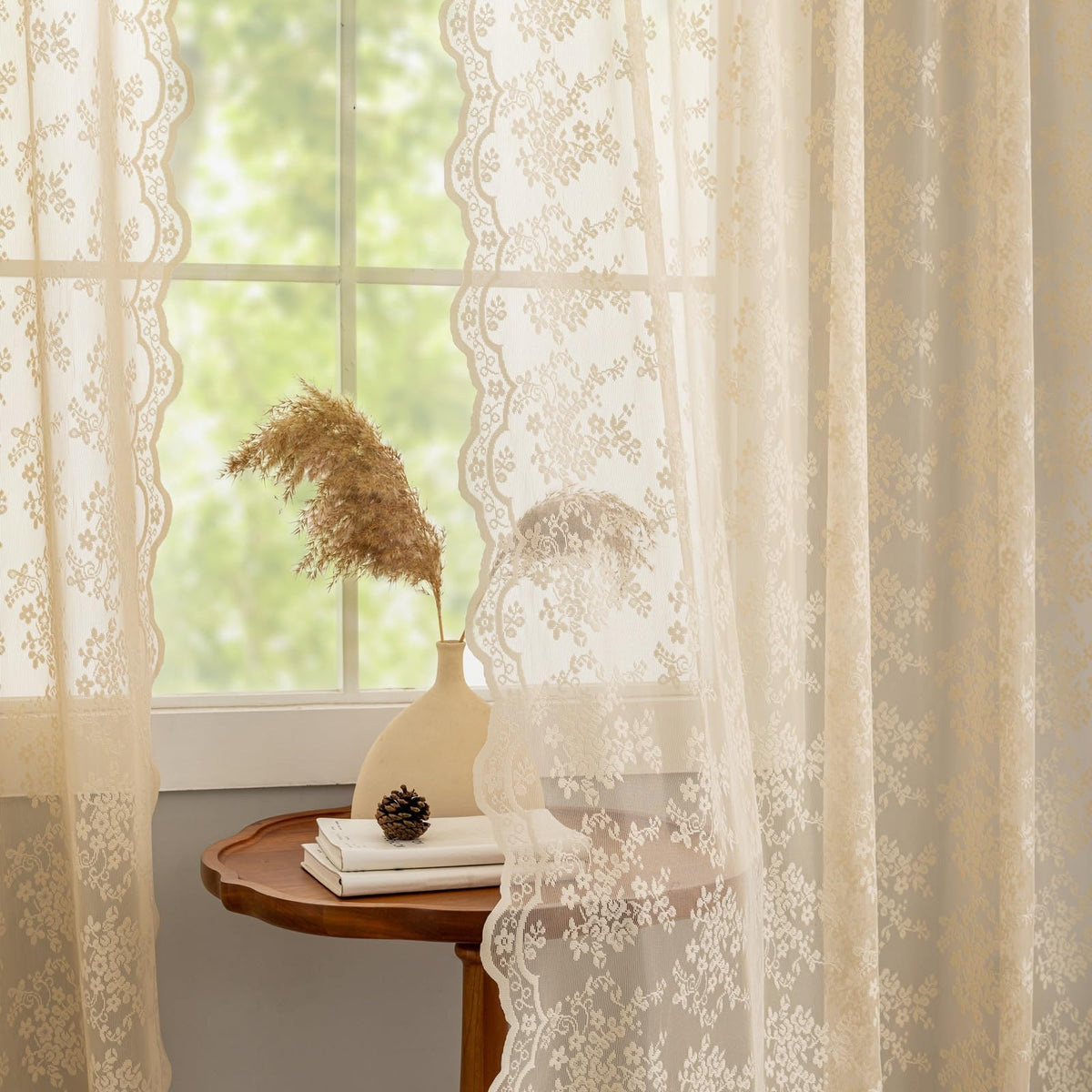YJ YANJUN beige floral lace drapes closeup shows delicate pattern