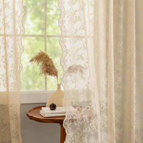YJ YANJUN beige floral lace drapes closeup shows delicate pattern