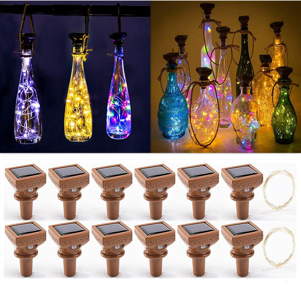 YJFWAL solar wine bottle lights with 20 LEDs illuminate bottles for enchanting outdoor ambiance.