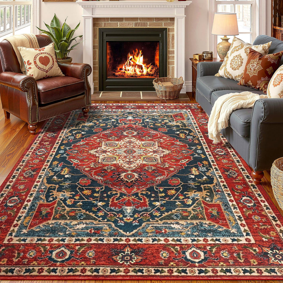 YJ.GWL area rug floral pattern adds vintage charm and cozy warmth to a living room.