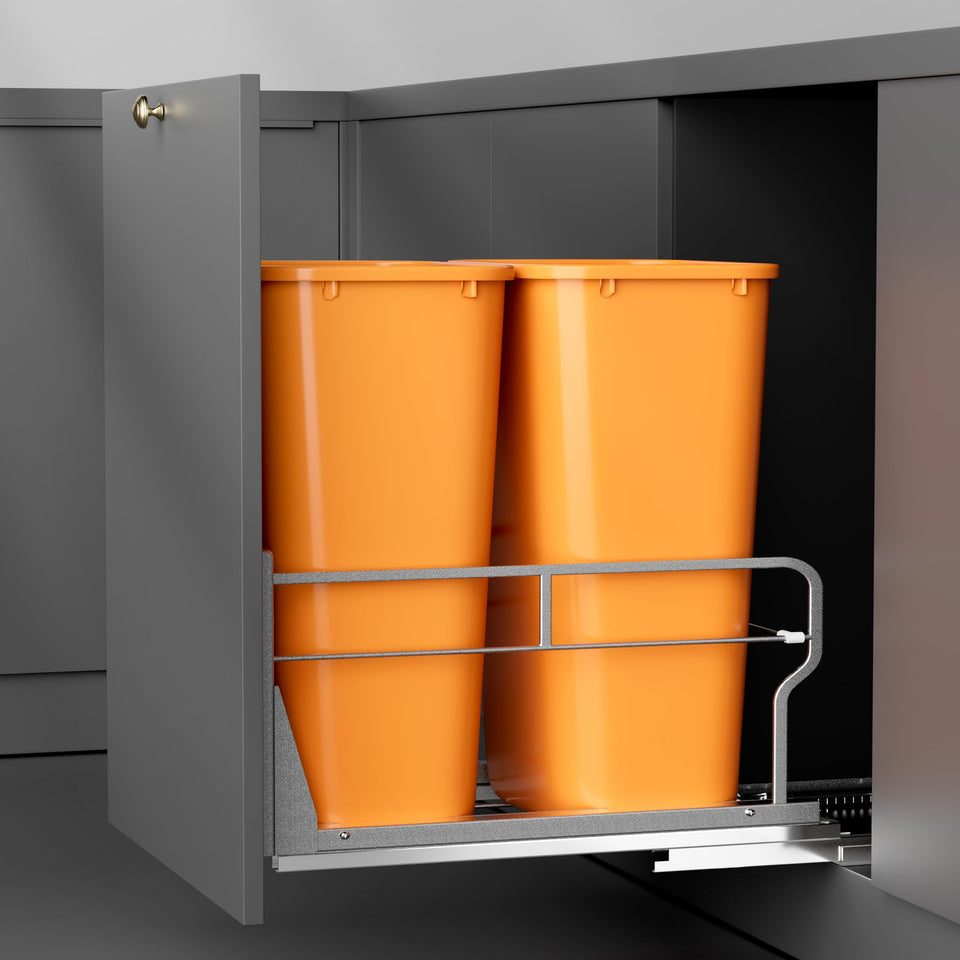 YJHome pull-out trash under cabinet with soft-close for quiet operation.