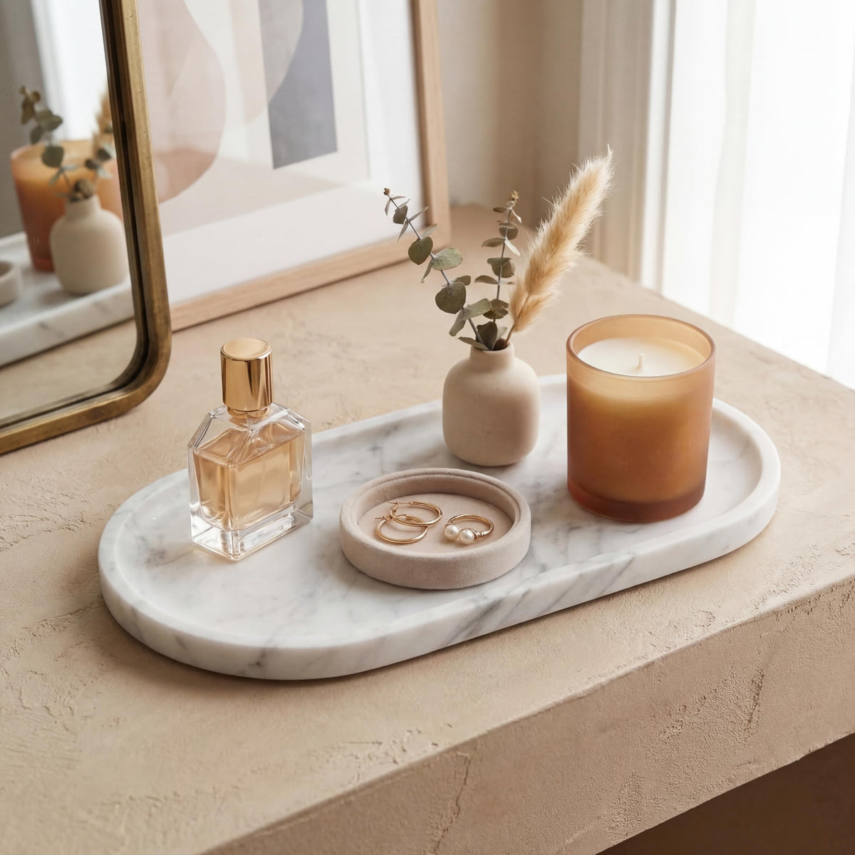 Narrow vanity counter with YKAJO tray beside the sink.