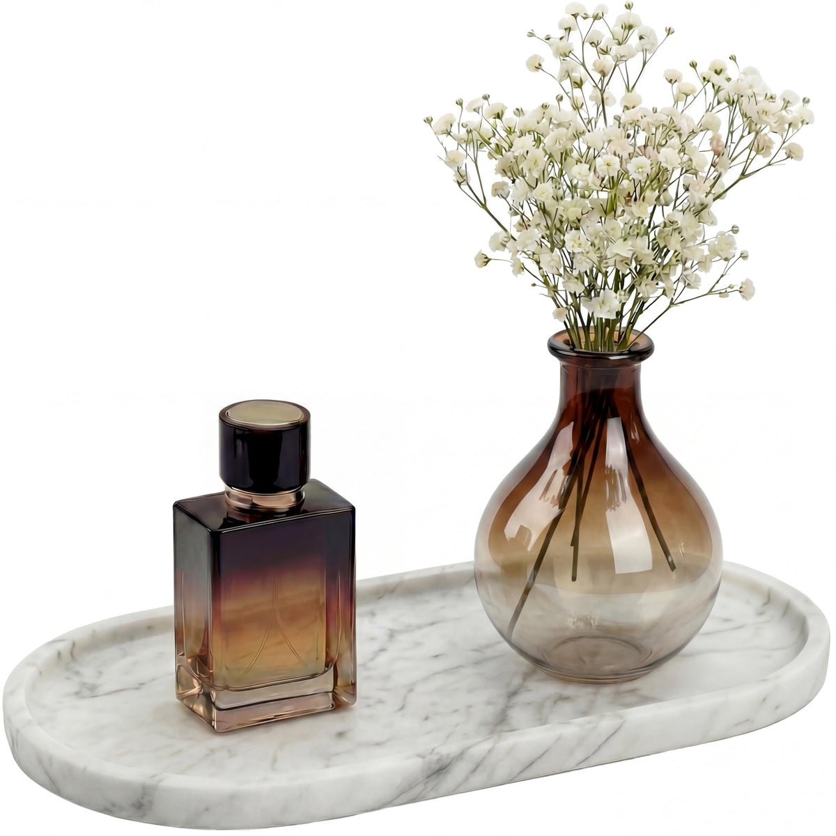 YKAJO oval marble tray on a bathroom counter displaying natural stone elegance.