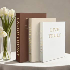 YKANYN aesthetic decorative books nested inside for space-saving styling on a shelf.