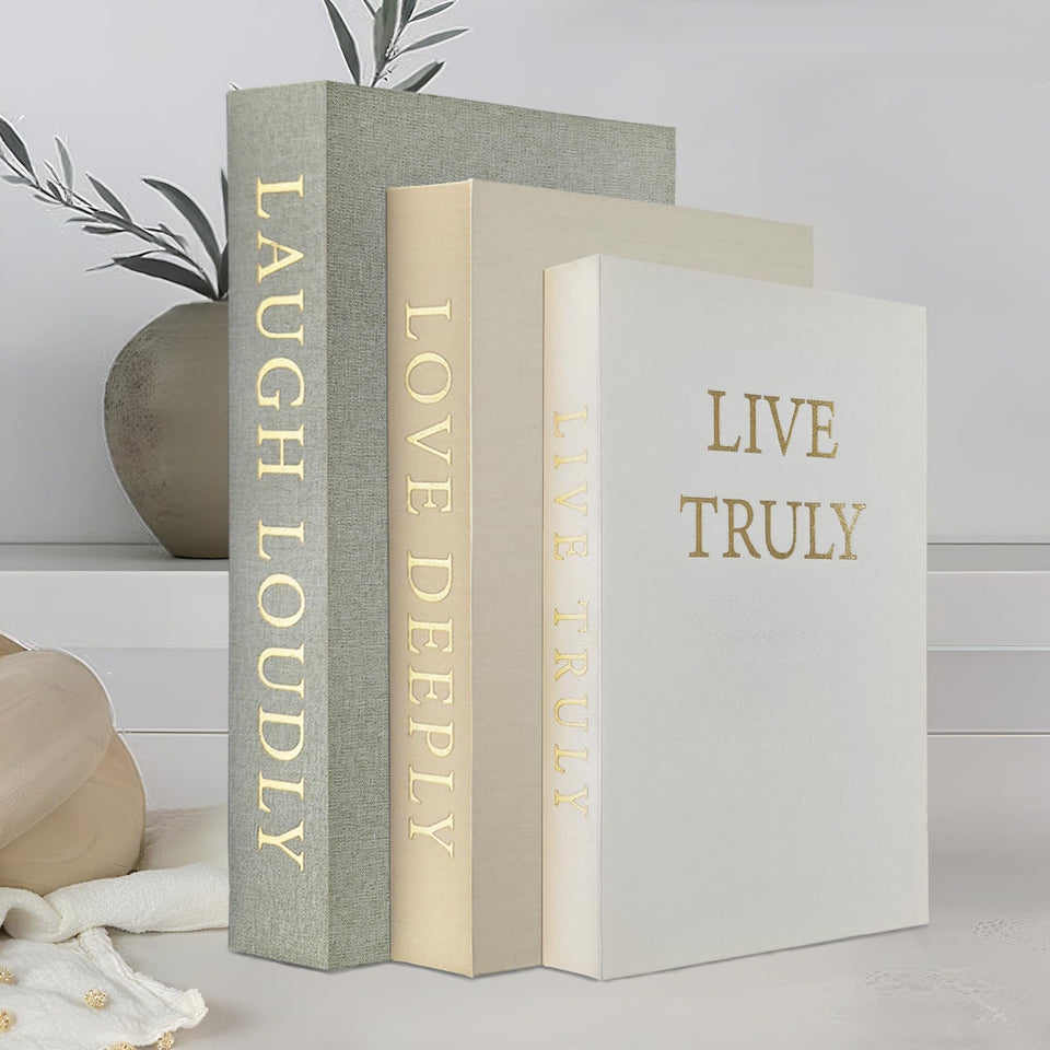 YKANYN decorative books set3 front view enhances coffee table styling with elegant linen texture.