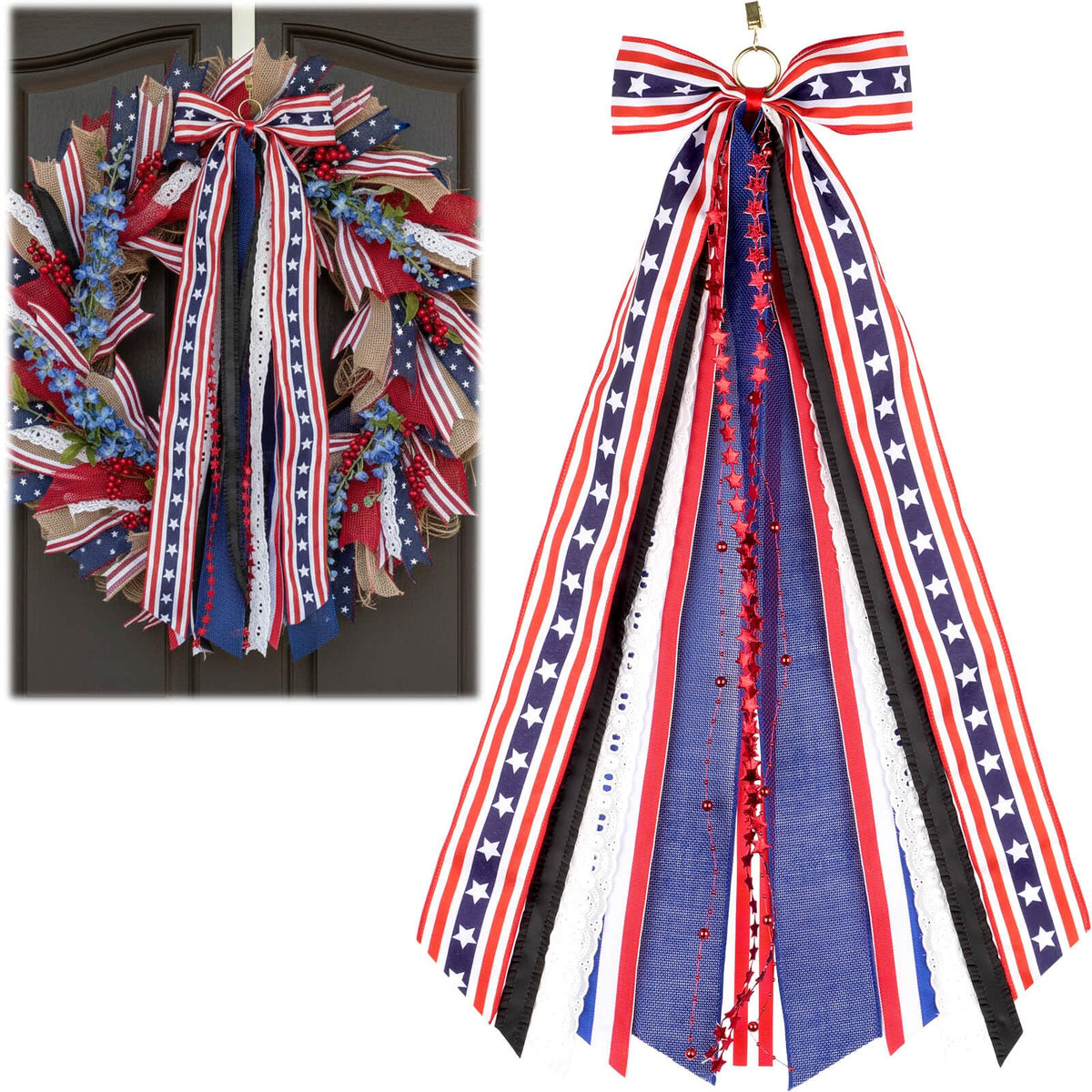 YKW patriotic bow sash on a door display adds instant curb appeal