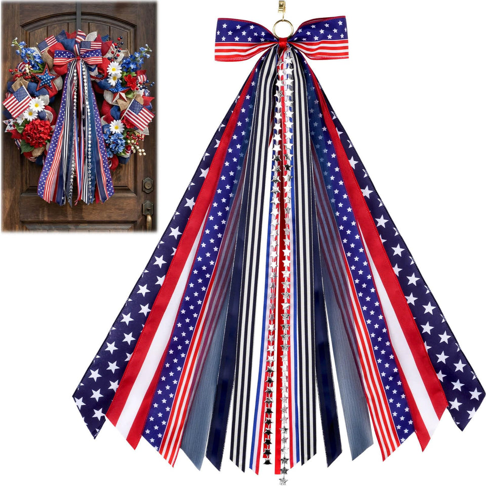 YKW patriotic wreath sash with stars and stripes enhances front door decor