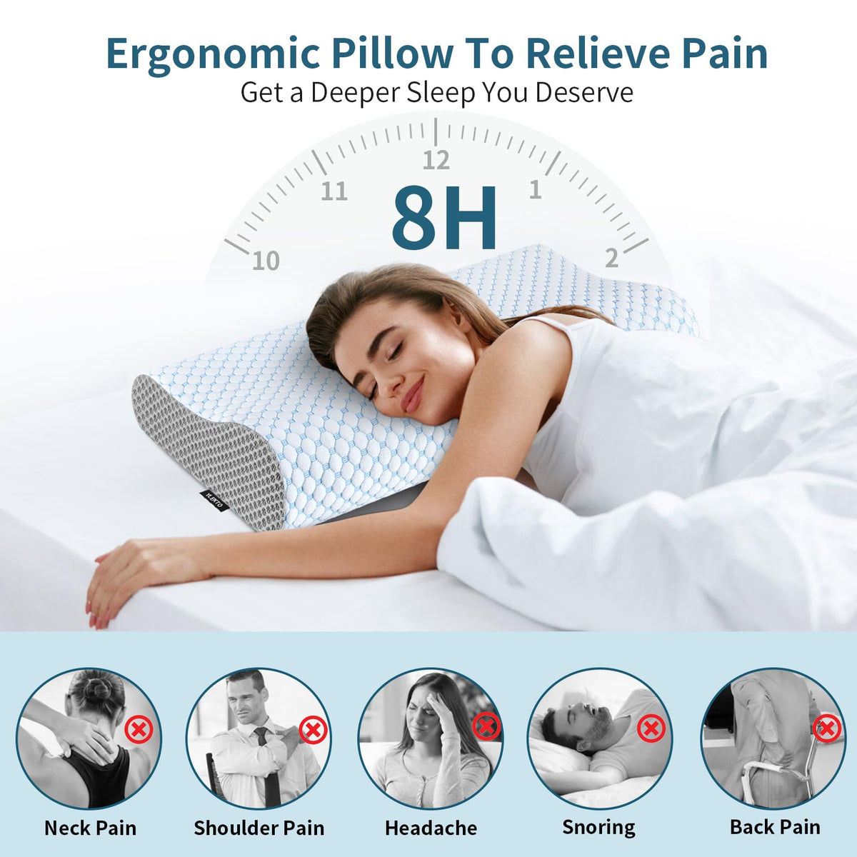 Ylekto cervical neck pillow contour back view supports head and spine for back sleepers