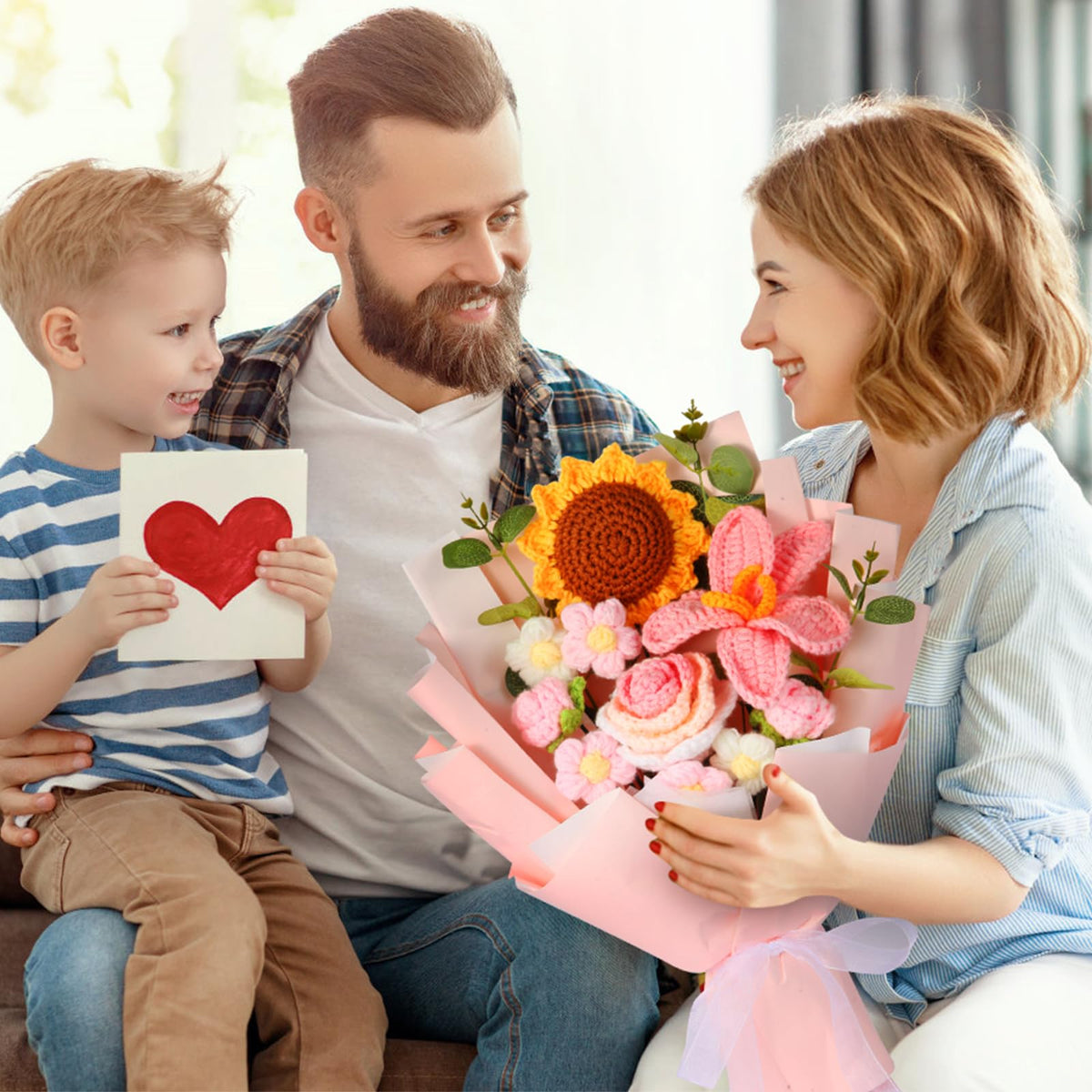 Ylwwccxf crochet sunflowers and roses bouquet pink, ideal for gifting on special occasions
