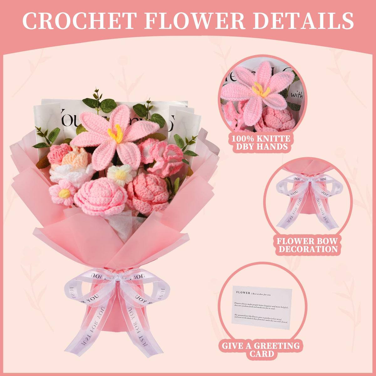 Ylwwccxf pink crochet bouquet texture close-up, carefully handmade to maintain bright colors.