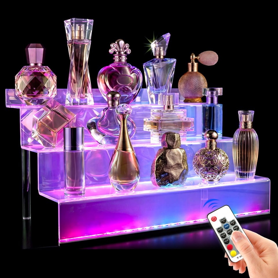 YMVV 12-inch clear acrylic LED display riser highlights cosmetics with vibrant lighting