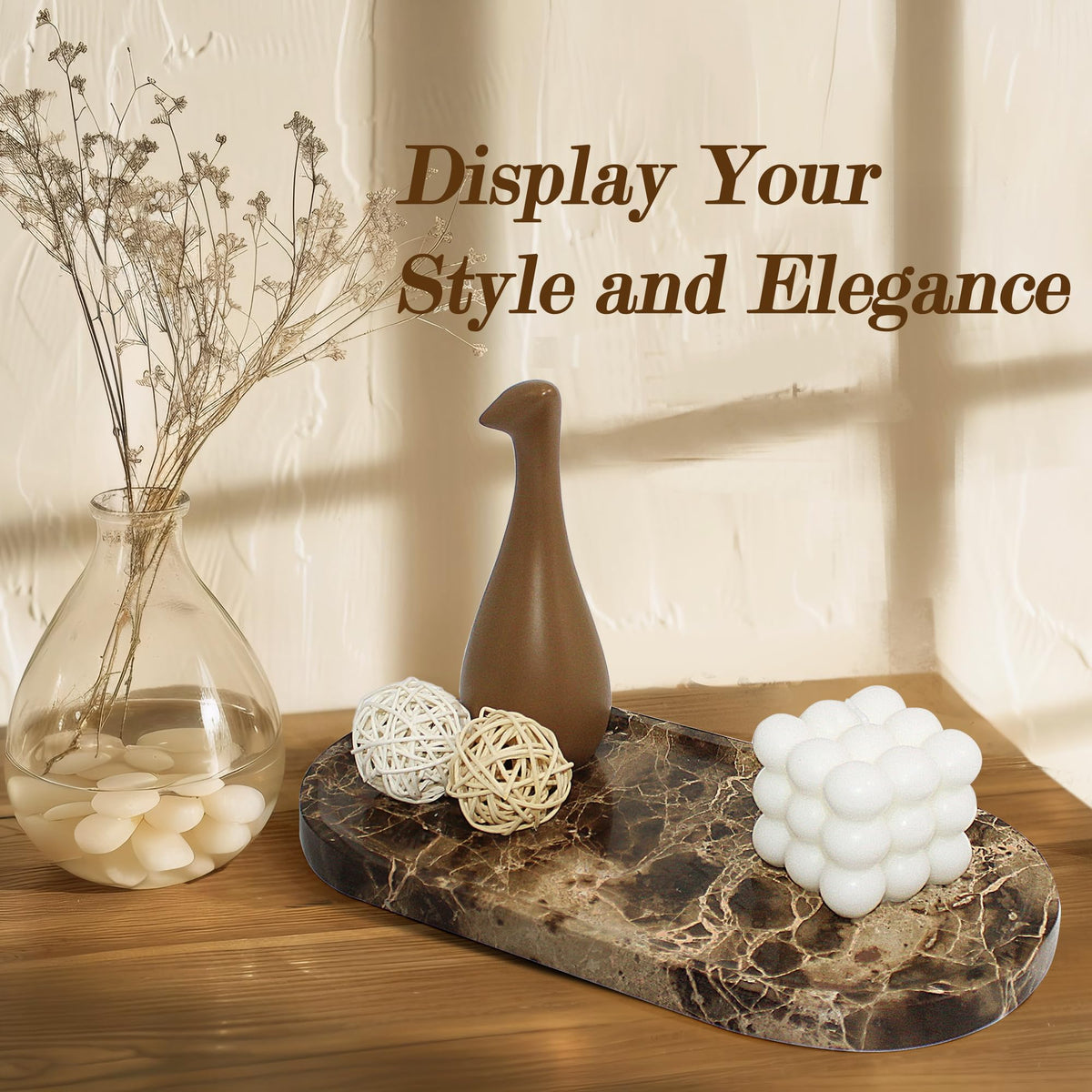YMXYJM dresser tray marble display adds timeless elegance to cosmetics.