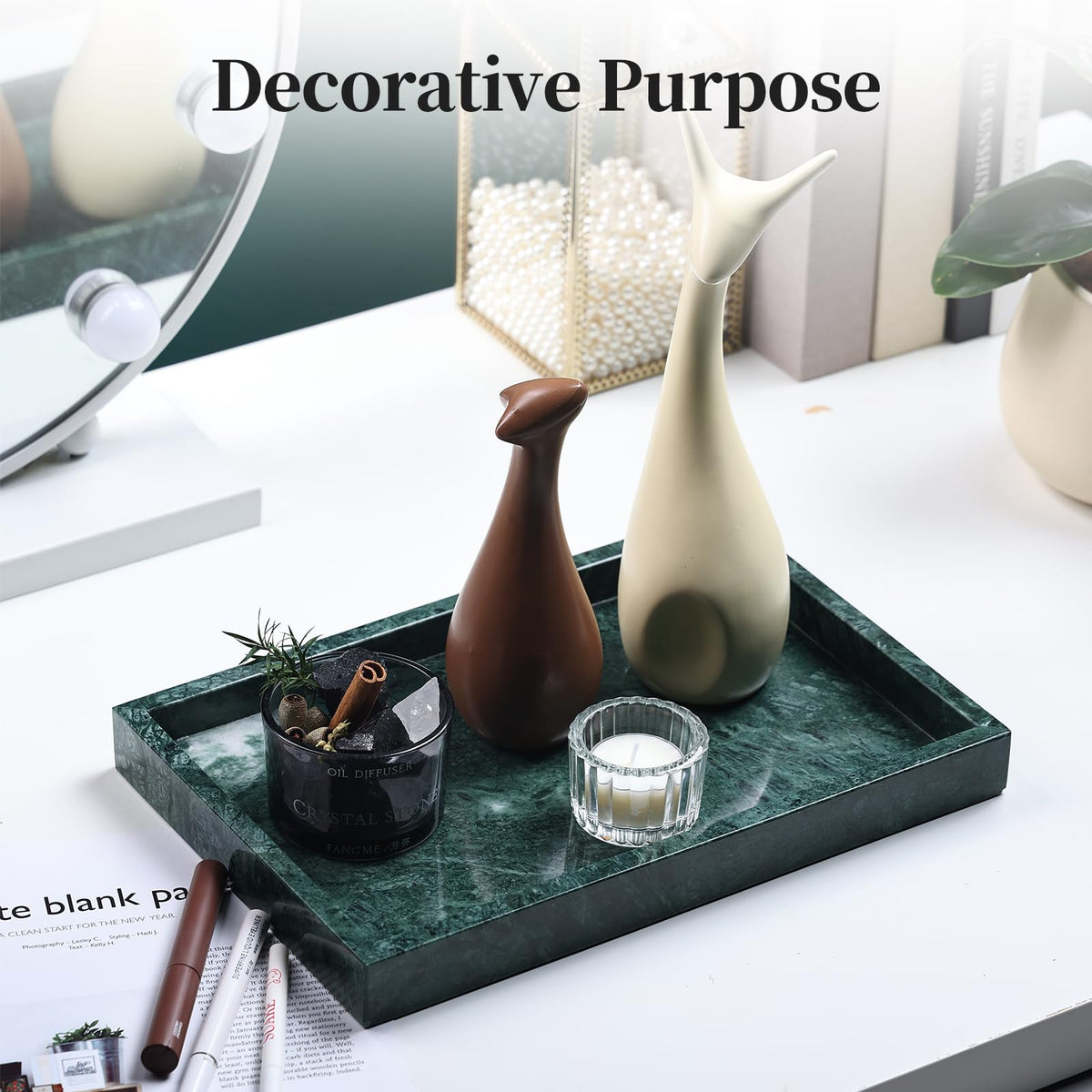 YMXYJM marble tray used as a trinket catchall on a dresser