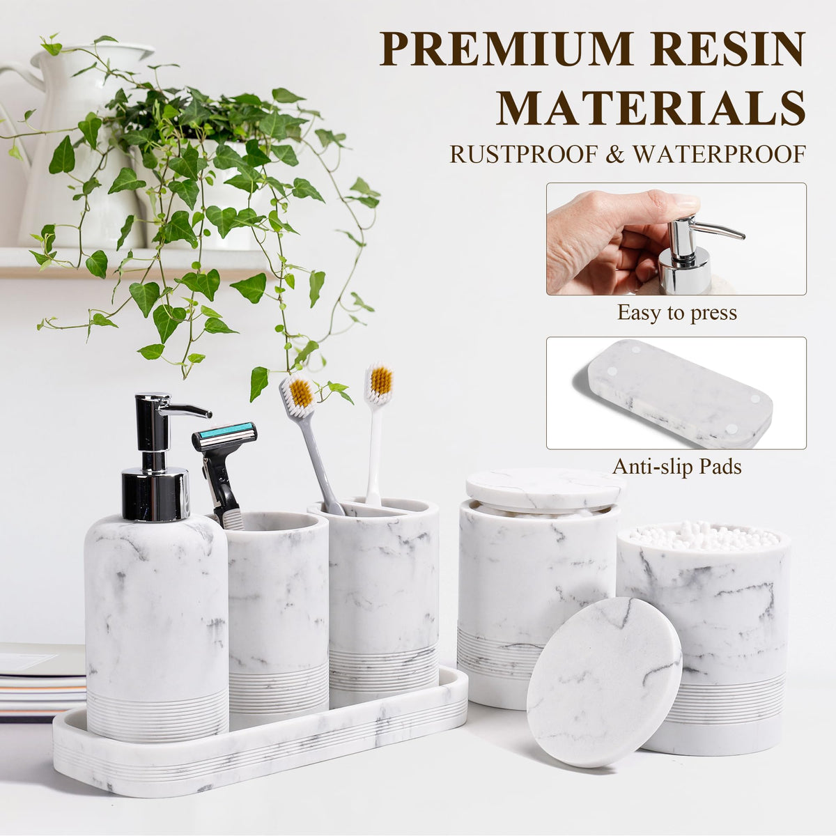 YMXYJM marble white apothecary jar stores cotton swabs and cotton balls.