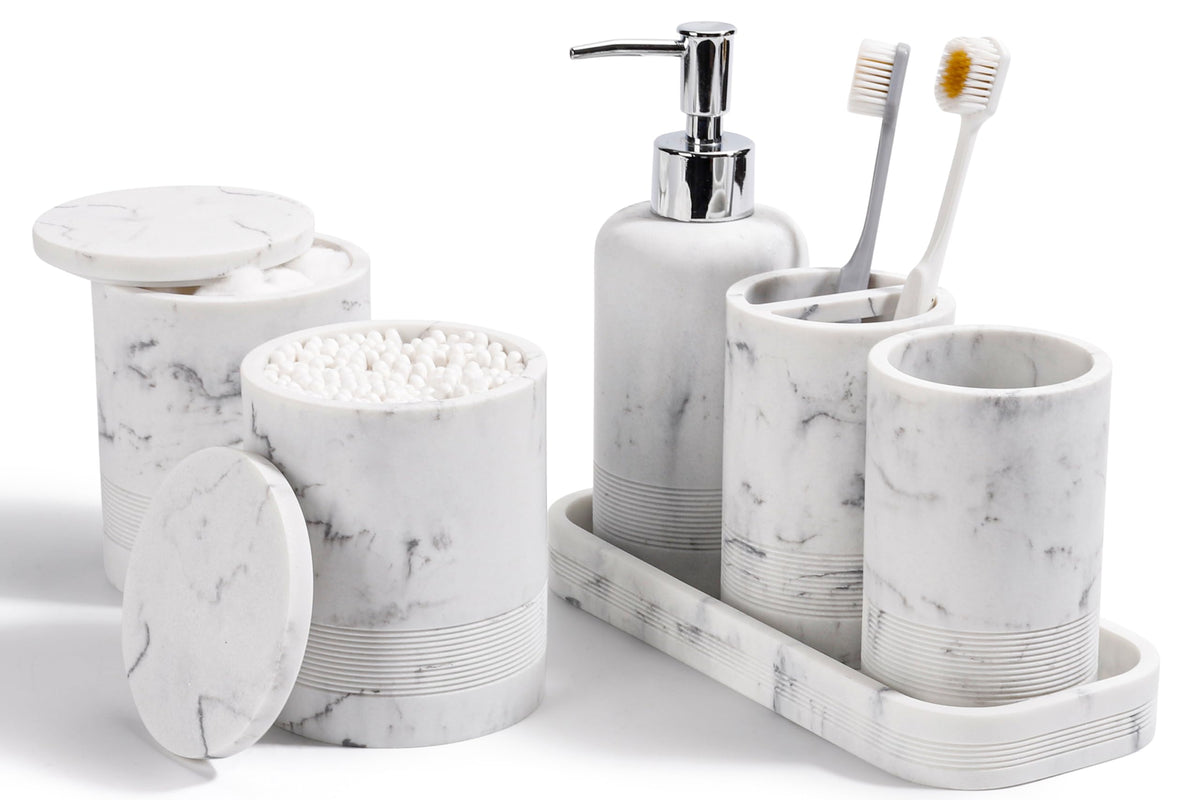 YMXYJM marble white 6-piece set soap dispenser on vanity, adds organized elegance.