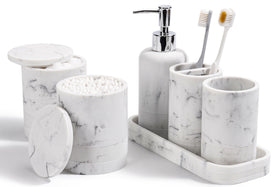 YMXYJM marble white 6-piece set soap dispenser on vanity, adds organized elegance.