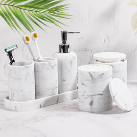 YMXYJM marble white toothbrush holder keeps counter tidy and accessible.