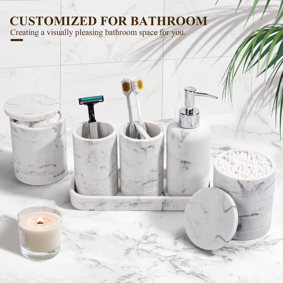 YMXYJM marble white vanity tray neatly groups bottles and fragrances.