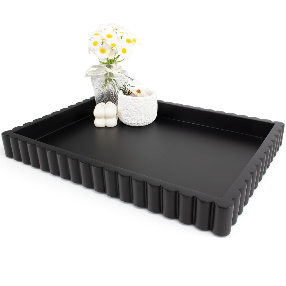 YMXYJM Scalloped Coffee Table Tray front view shows a durable black resin centerpiece for modern decor