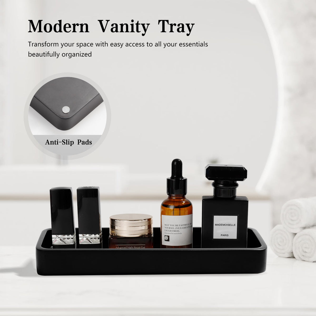 YMXYJM tray in matte black organizes jewelry and daily essentials.