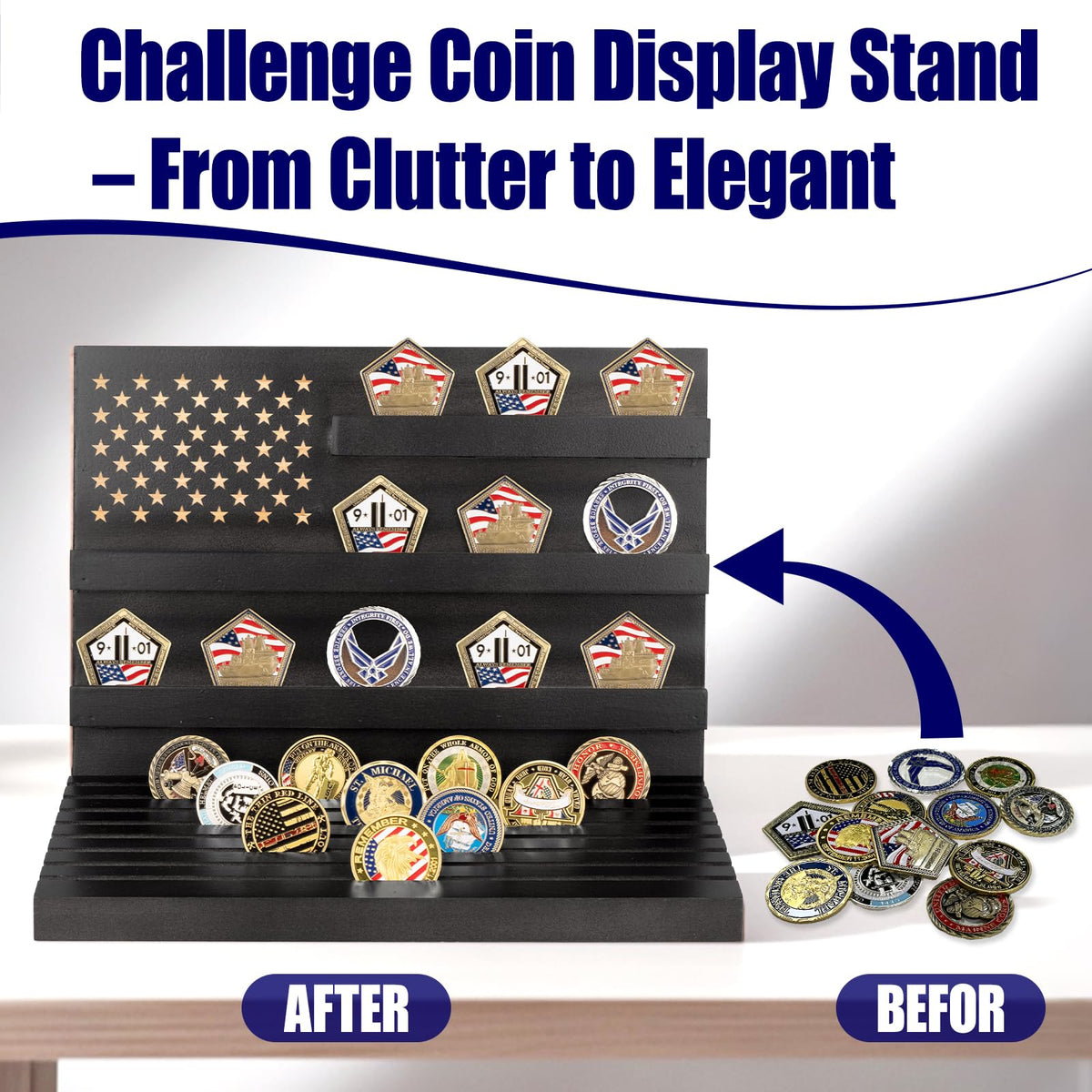 Yncotte challenge coin display 8° angle showcases coin details for easy viewing.