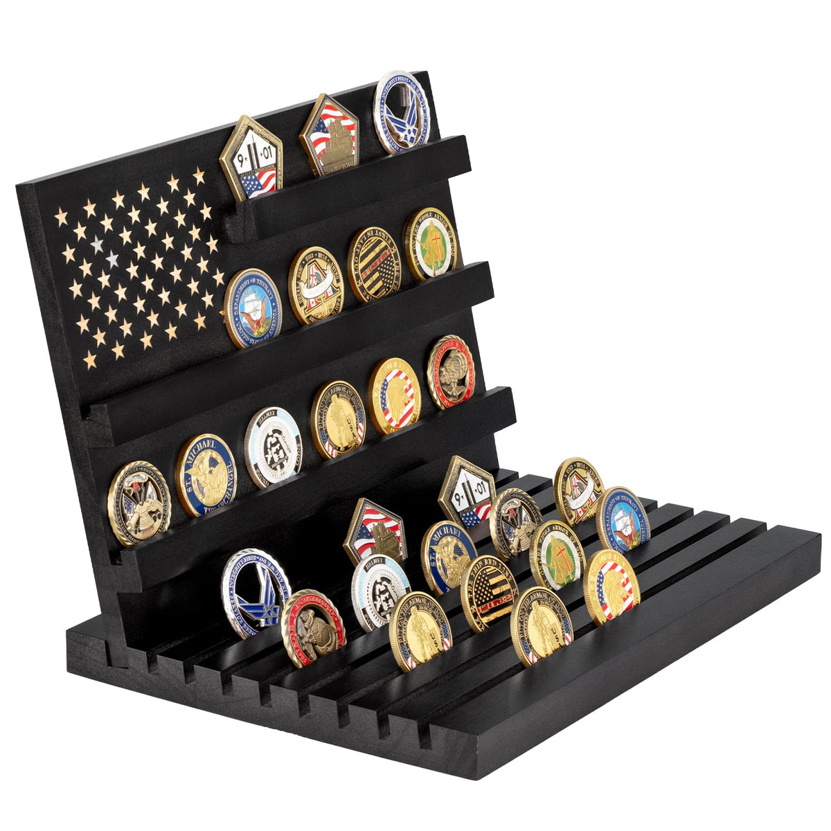 Yncotte challenge coin display slotted stand in black keeps coins securely on desk.