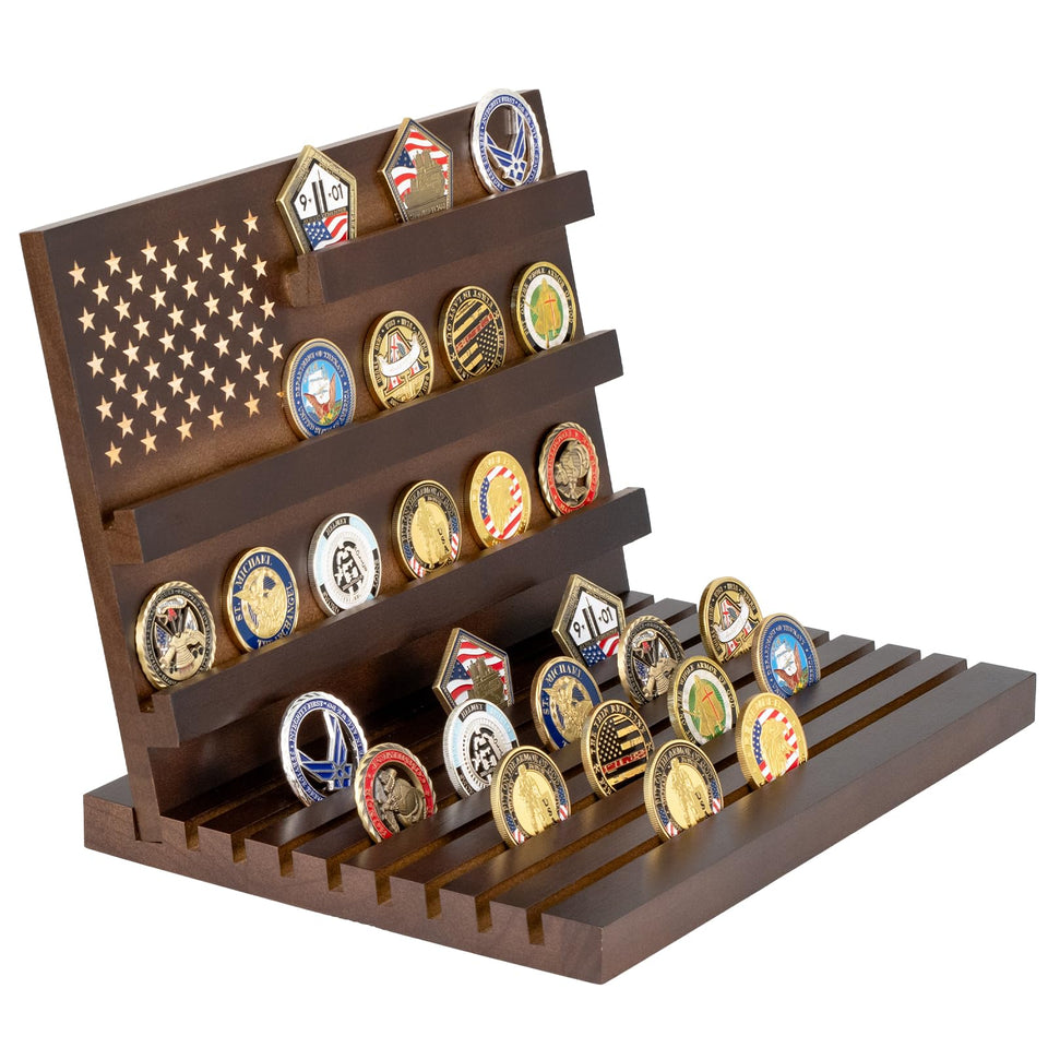 Yncotte walnut challenge coin display stand showing warm wood tone for home or office decor