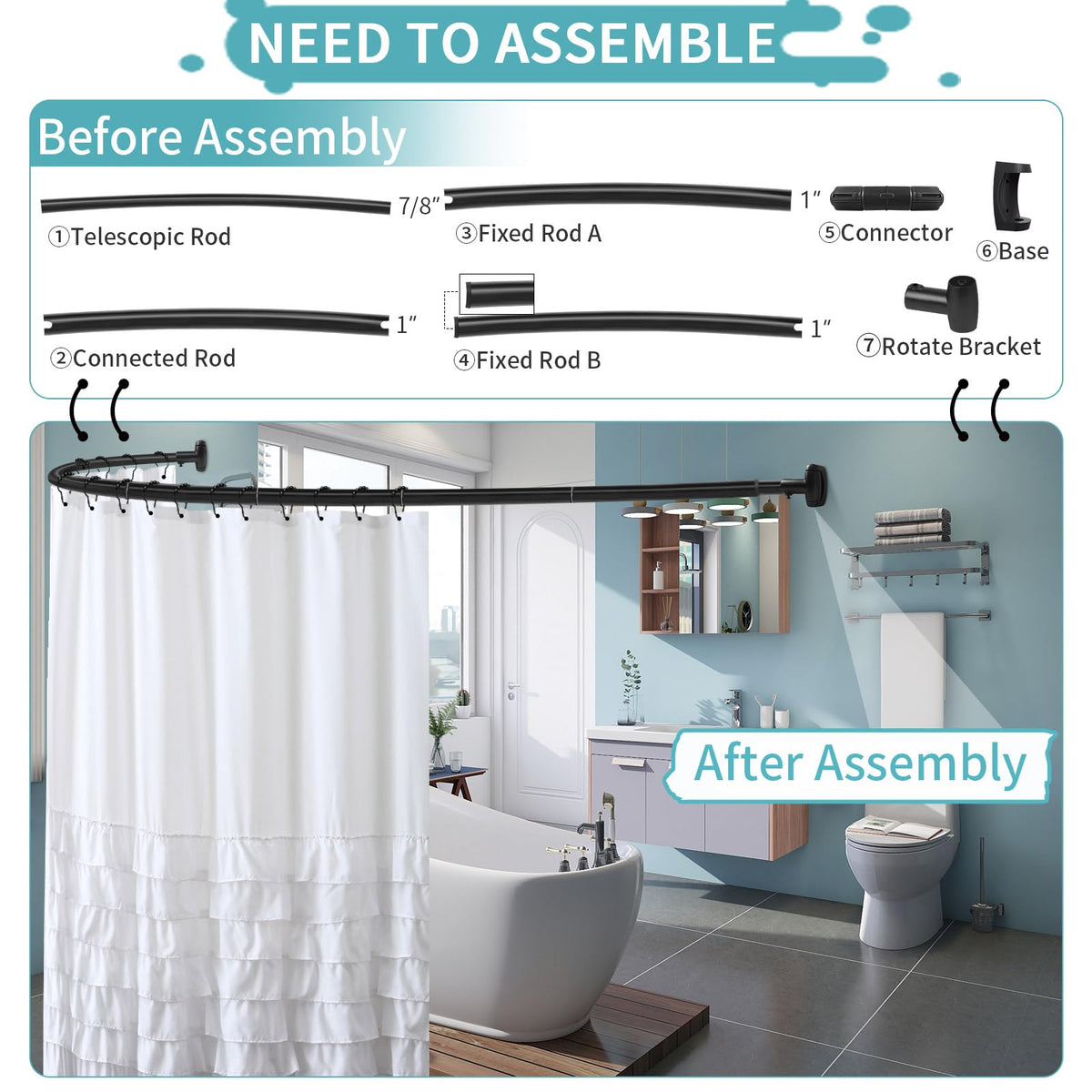 YNL curved shower rod assembly steps guide a secure installation