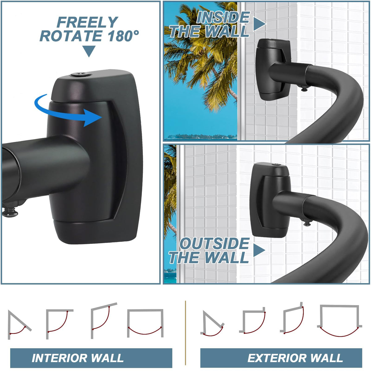 YNL curved design helps prevent curtain cling and water spray