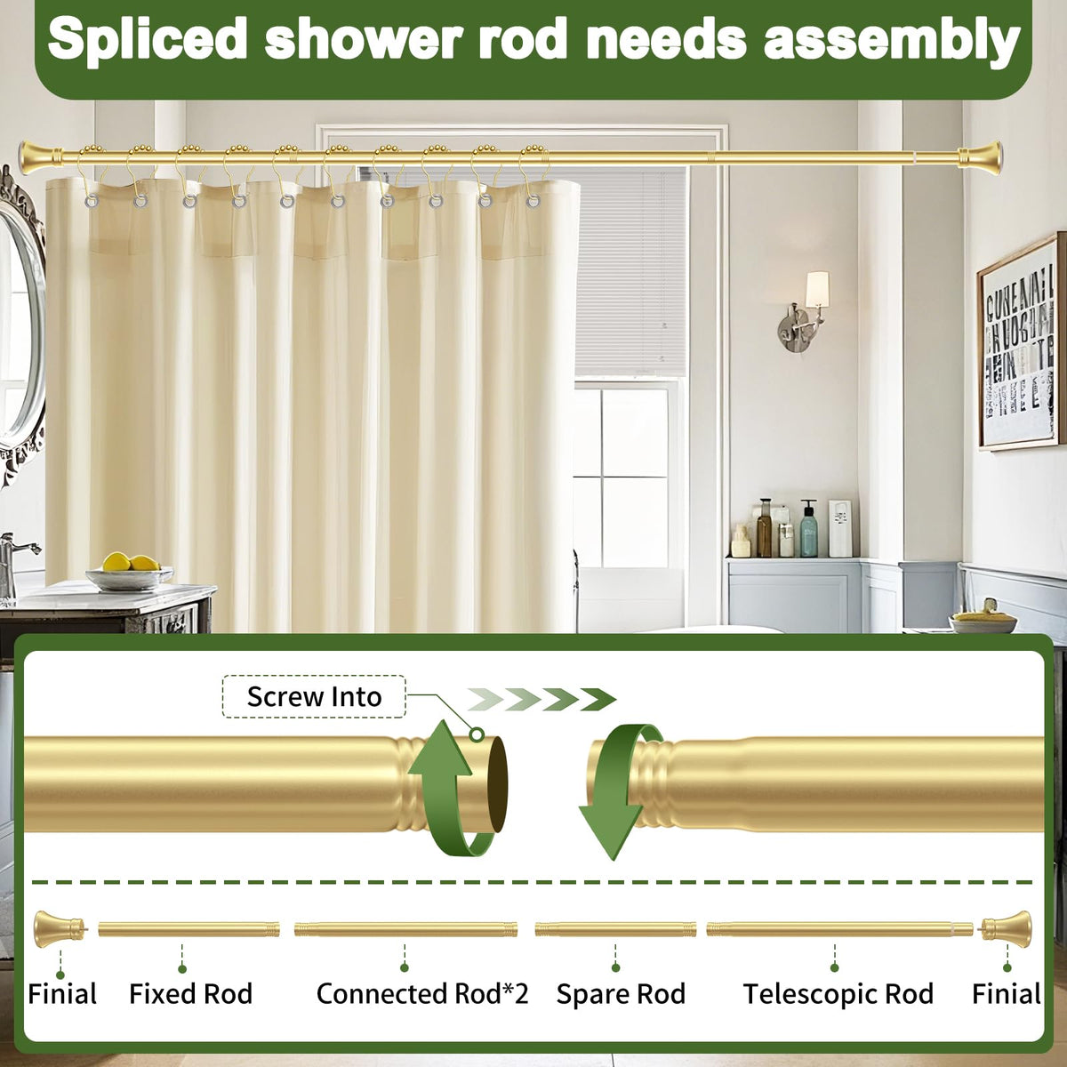 YNL Gold Shower Rod non-slip pads stabilize the rod on wet surfaces.