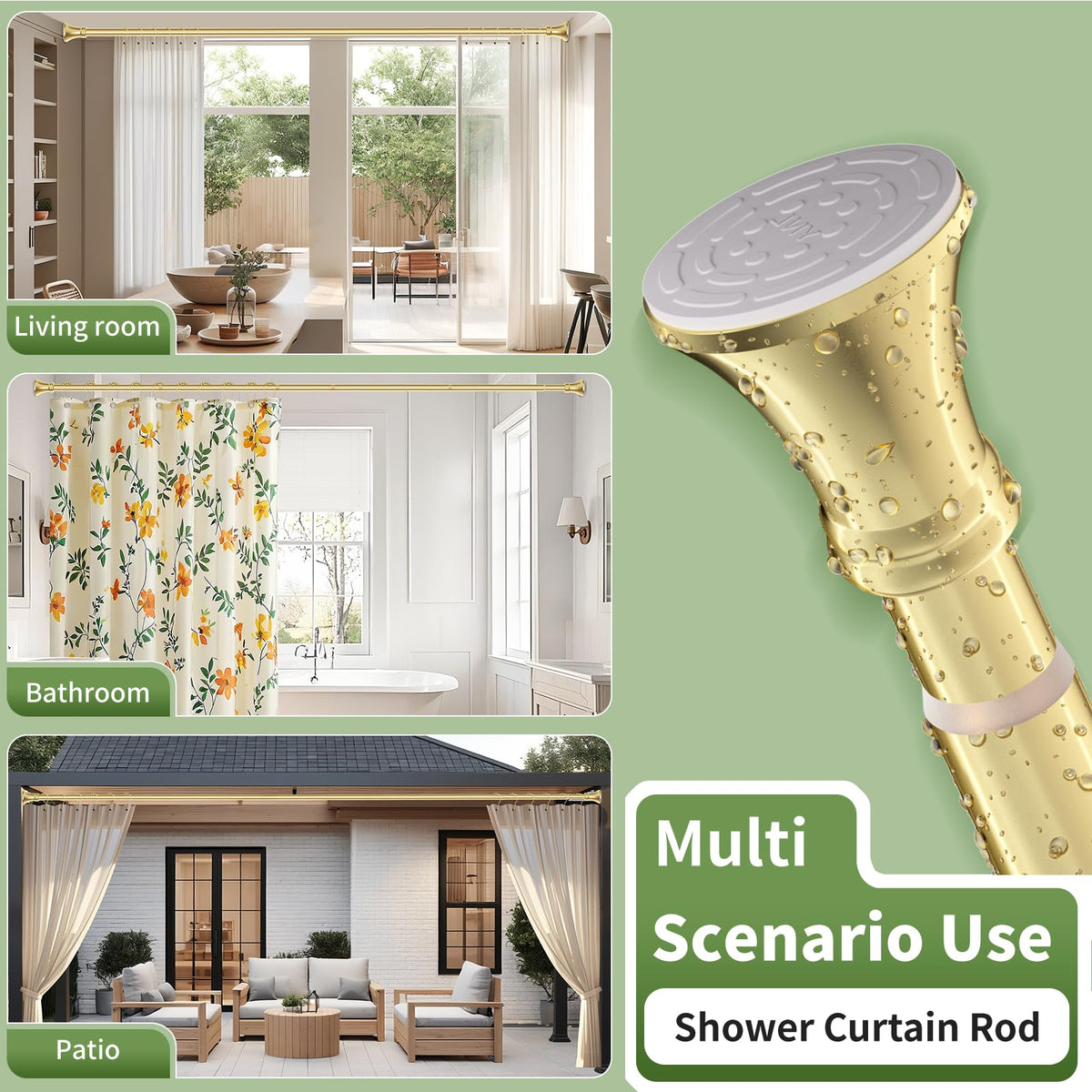 YNL Gold Shower Rod versatile on tile, glass, and wood surfaces.