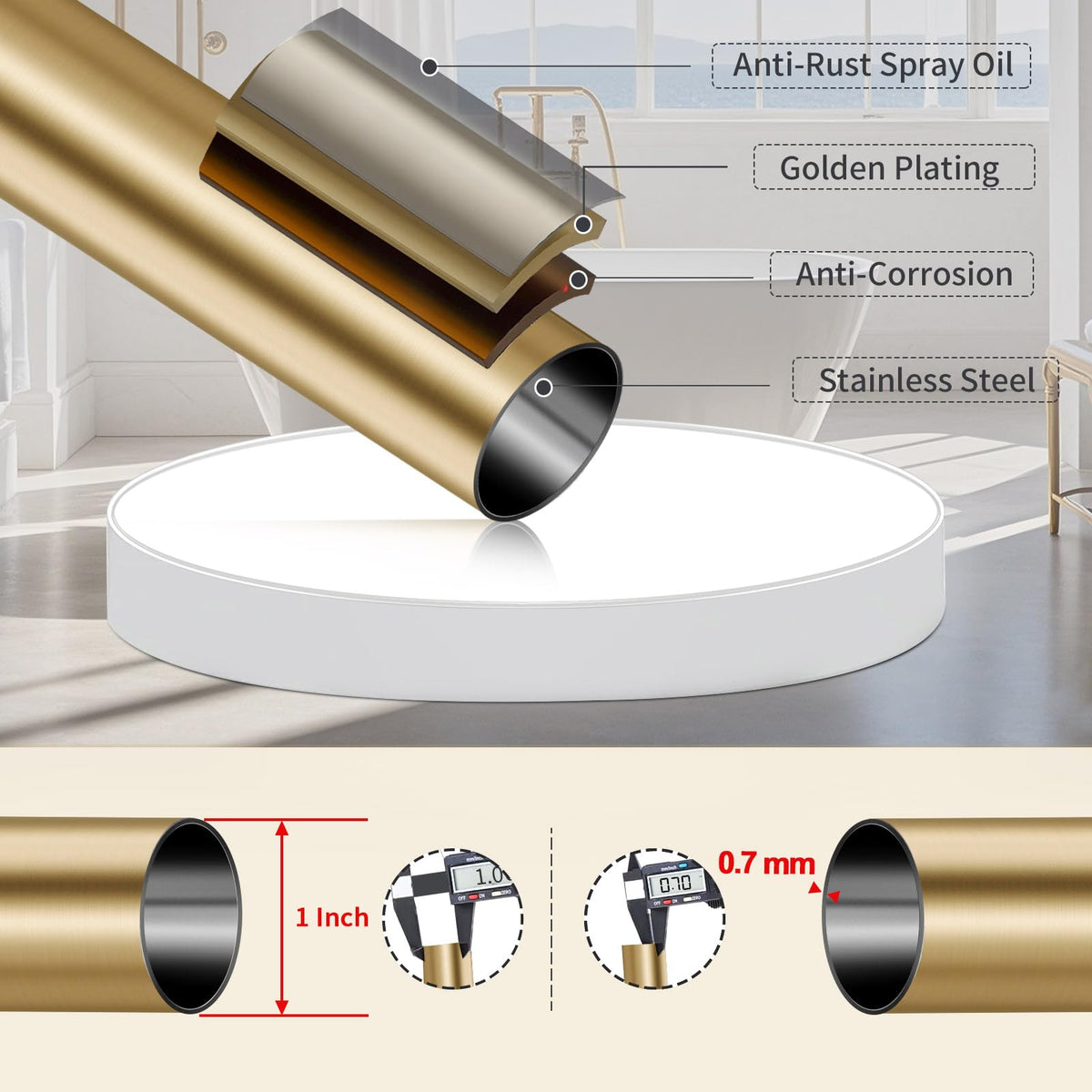 YNL tension shower rod anti-slip-finials prevent shifting