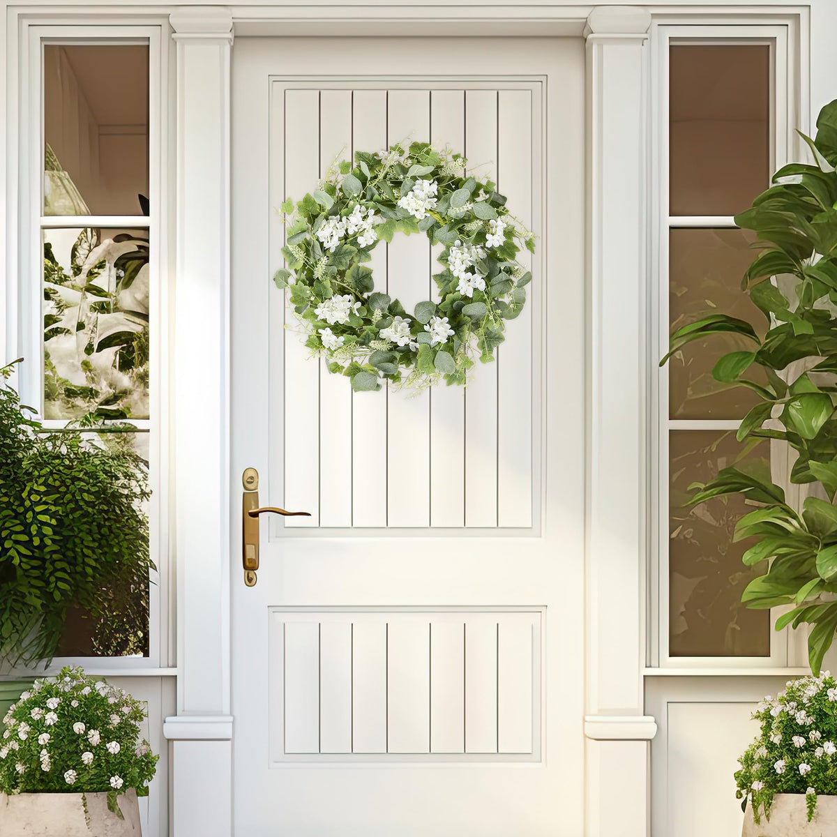 Outdoor-friendly YNYLCHMX wreath shown on porch for year-round curb appeal