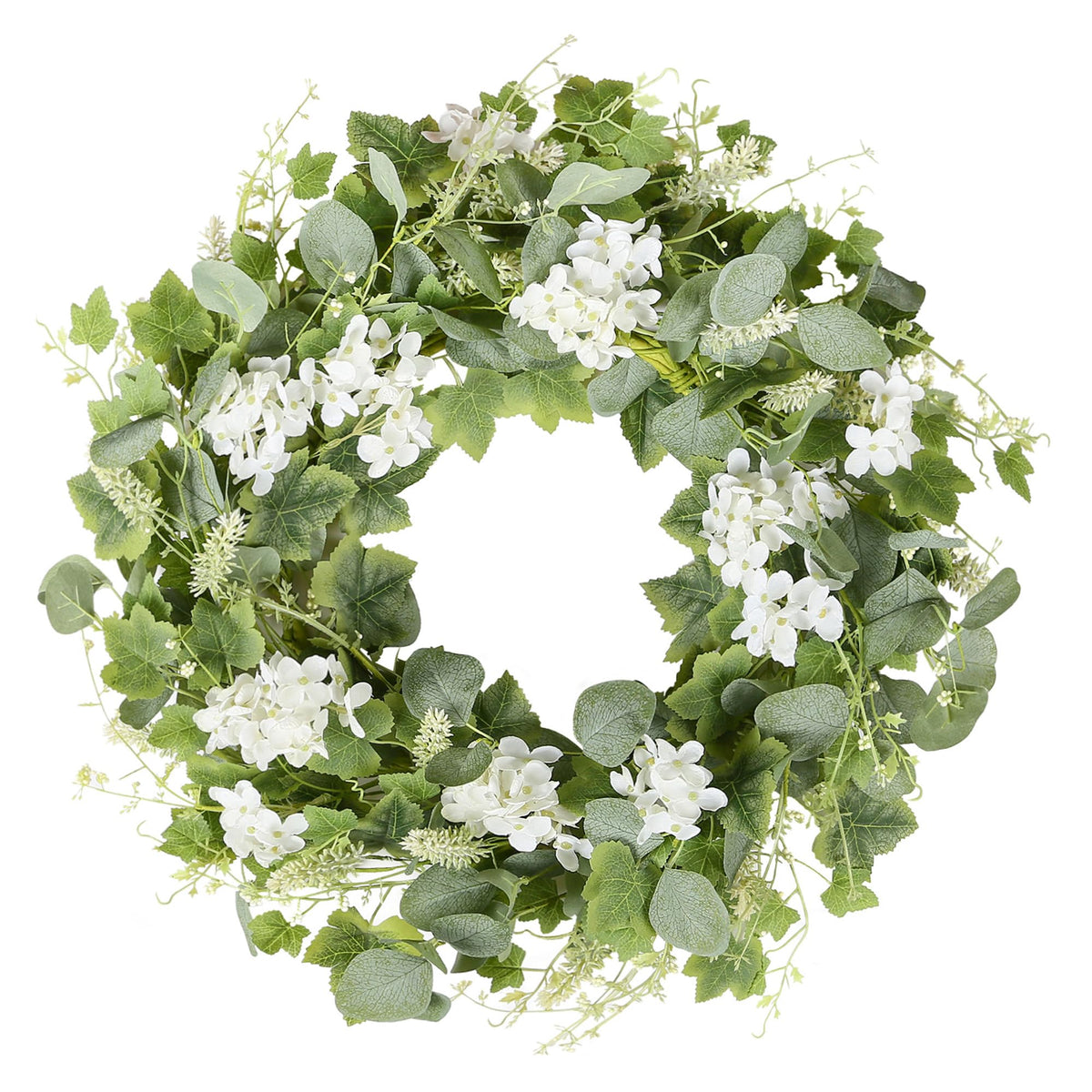 YNYLCHMX wreath on front door with green eucalyptus and white flowers for welcoming curb appeal