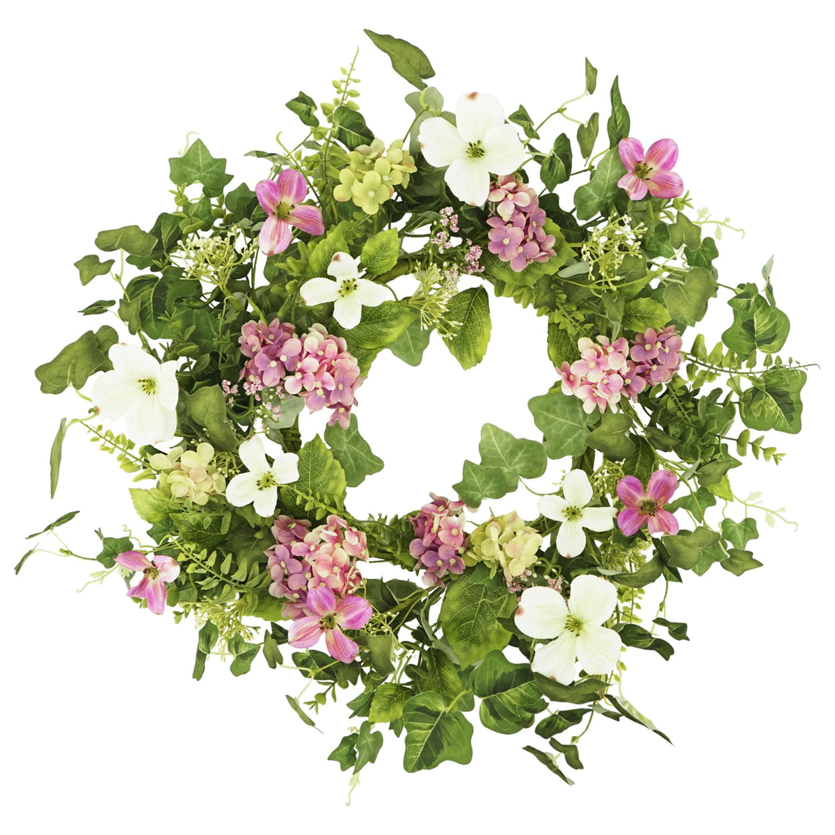 YNYLCHMX 18-inch front door wreath with pink hydrangea for year-round curb appeal.