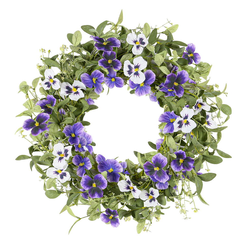 YNYLCHMX 18in wreath on front door with eucalyptus and purple pansies for curb appeal.
