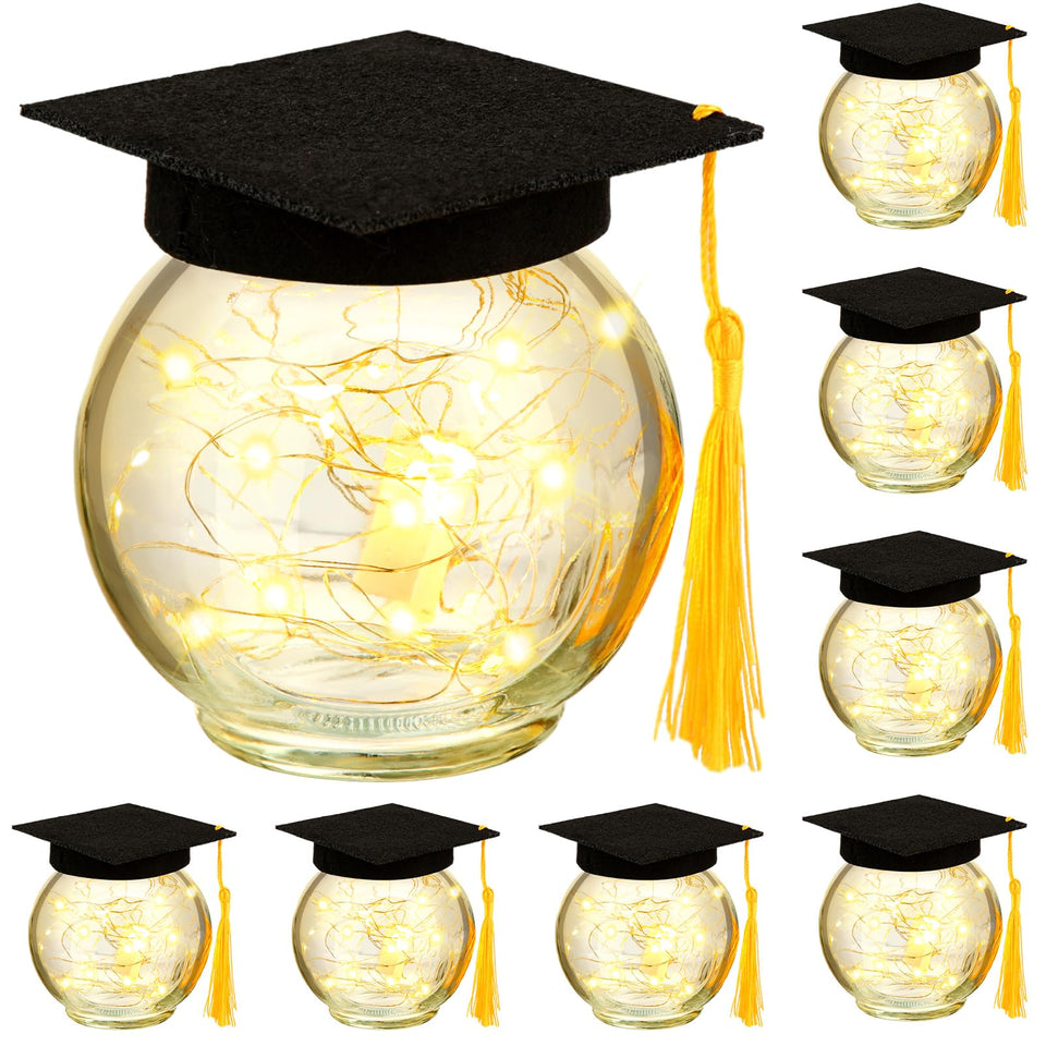 Yoande 8 pack graduation jar centerpieces create warm table ambiance for celebrations.
