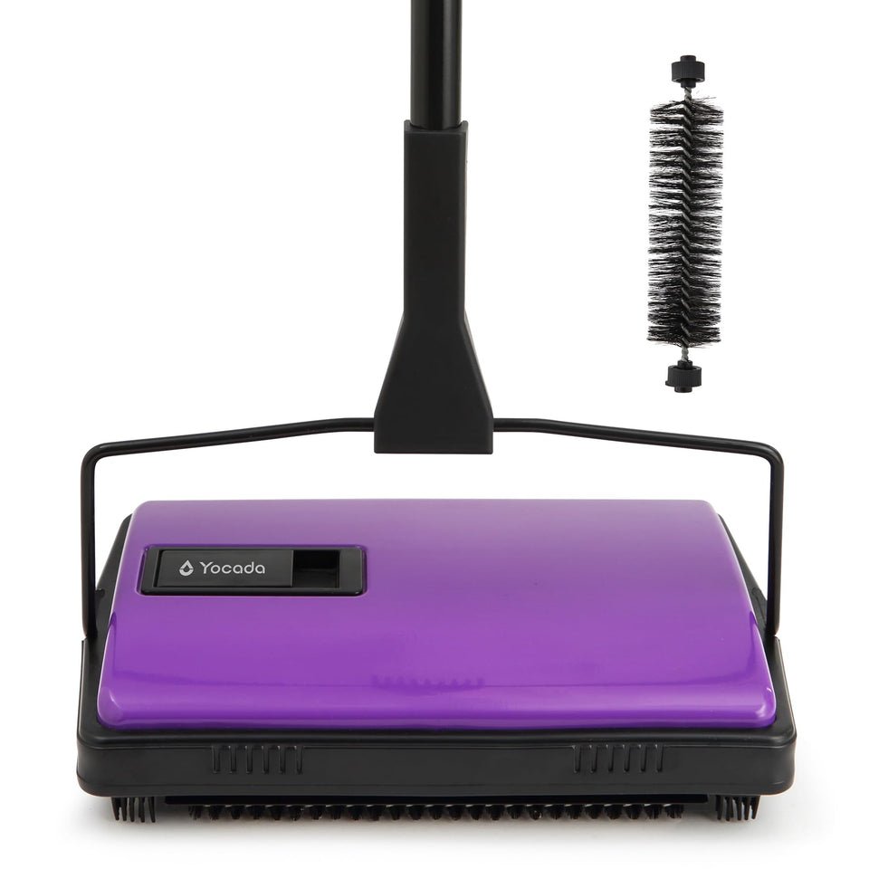 Yocada carpet sweeper front view showing compact manual cleaner on rug