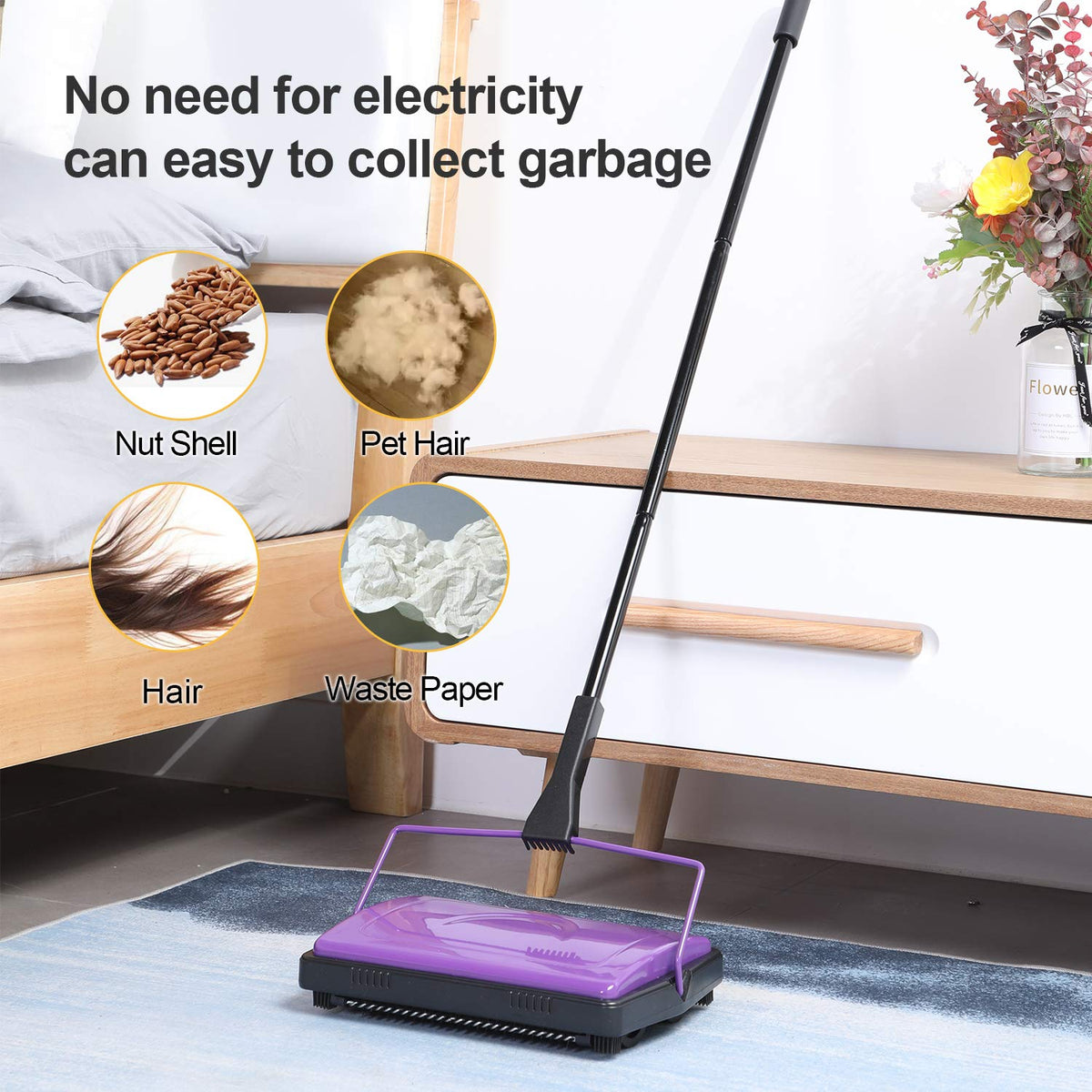 Yocada carpet sweeper is ideal for low-pile carpets and rugs