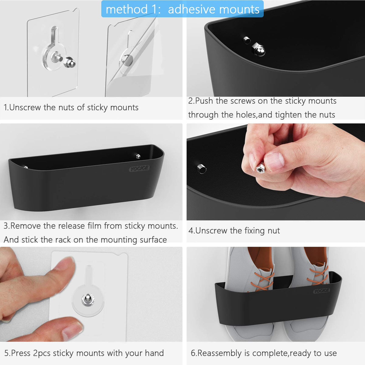 Yocice sticky strips enable simple tool-free installation on any door or wall.