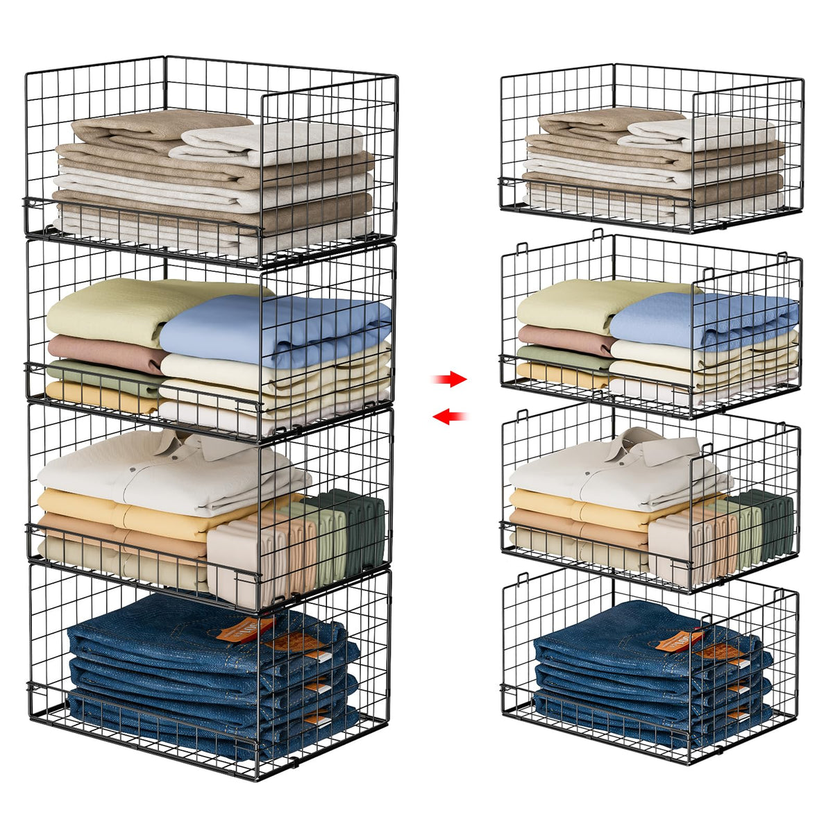 Yociyoga 4-tier stackable closet organizers in black for neatly sorted outfits.