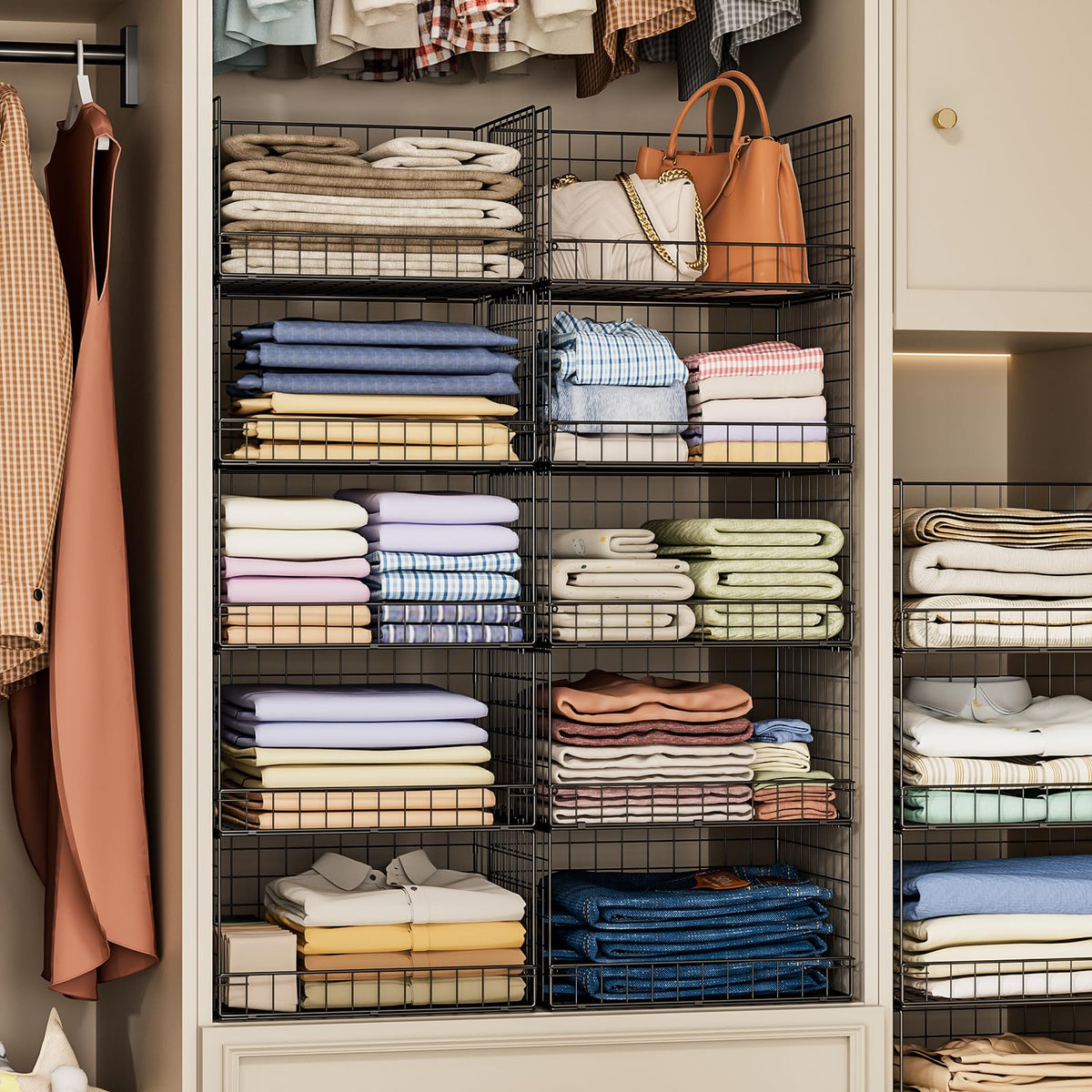 Yociyoga closet organizer side view highlights spacious, breathable design for easy access.