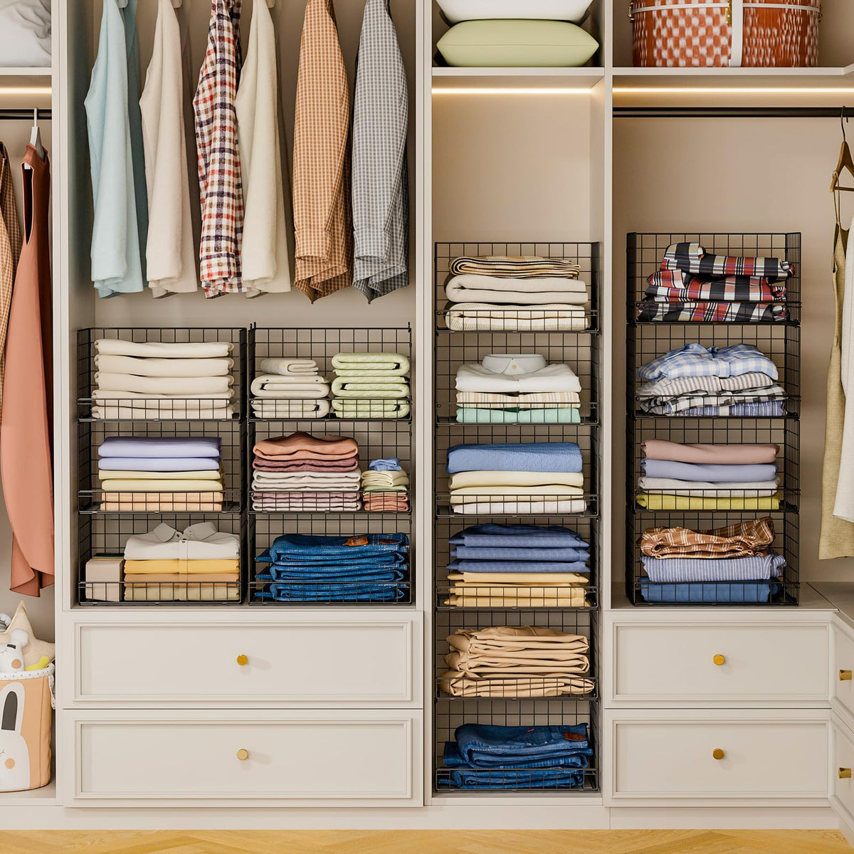Yociyoga 6-tier closet organizer side view highlights space-saving, stackable design.