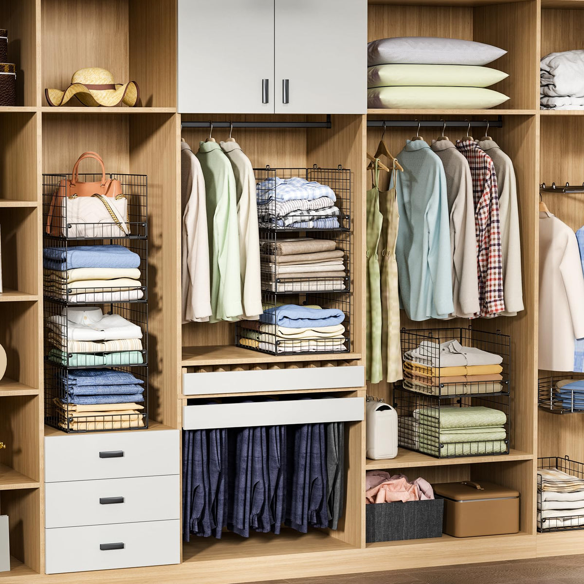 Yociyoga stackable closet shelves assembled show sturdy iron mesh bins for durability.