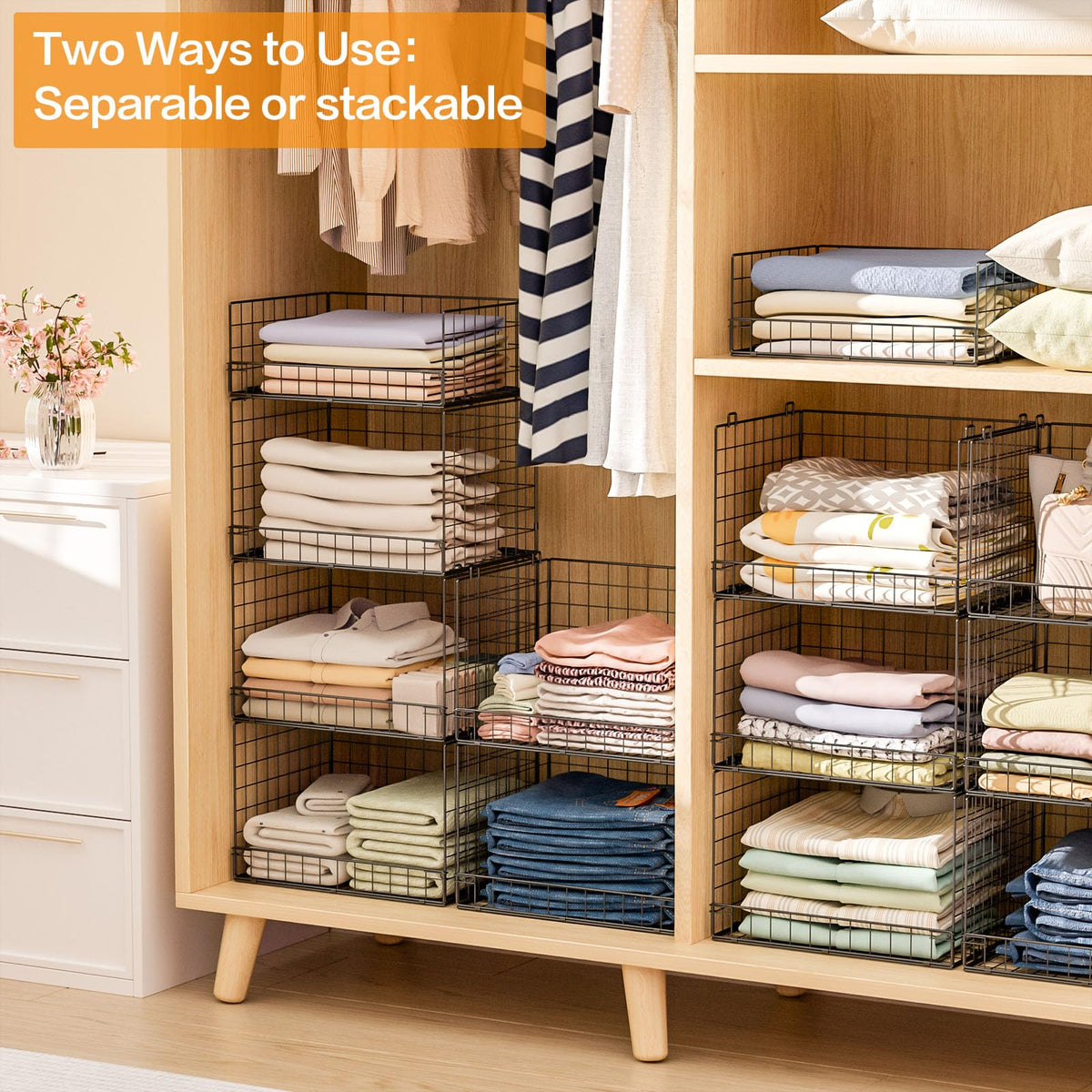 Yociyoga wide mouth closet bins simplify outfit selection.