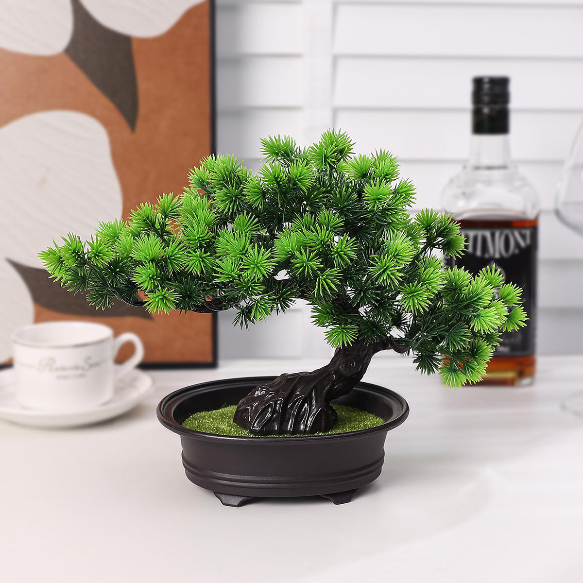 Yoerm bonsai on bookcase accent elevates greenery with minimal fuss.